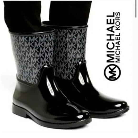 Michael Kors Black Sutter Signature Logo Mid-Calf Pull-On Rain-Bootie Size 8 - Picture 7 of 7
